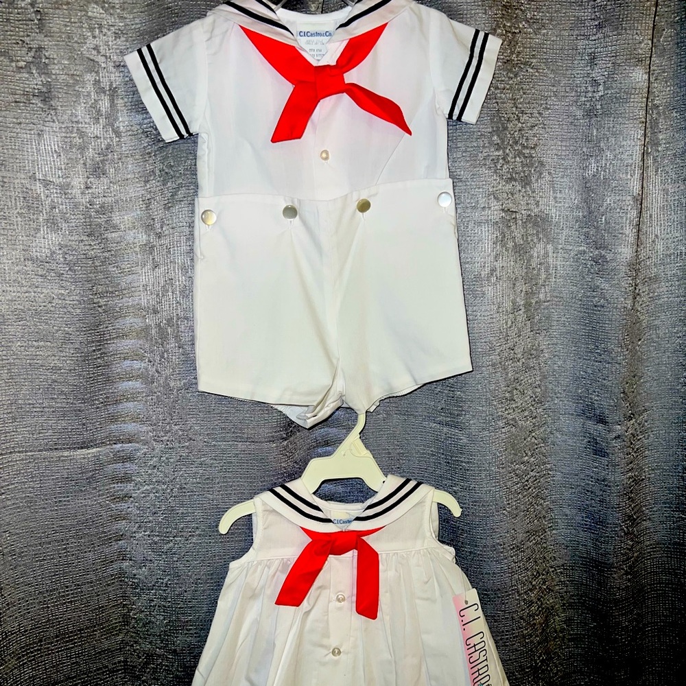C.I. Castro White Sailors Romper & Dress. Baby Twins outfits. SZ 3 Months NEW